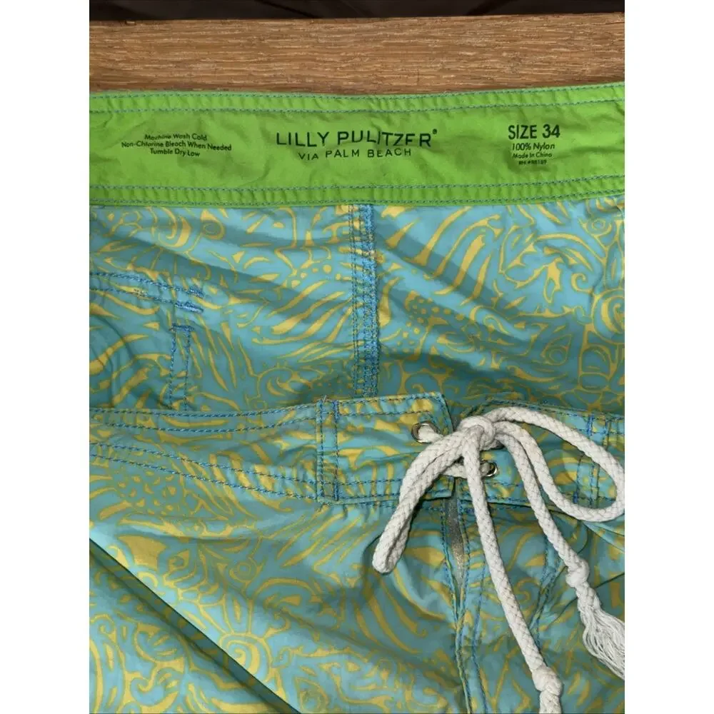 Lilly Pulitzer Mens Board Shorts Swim Trunks Size 34 Aqua Lime Tropical Surf